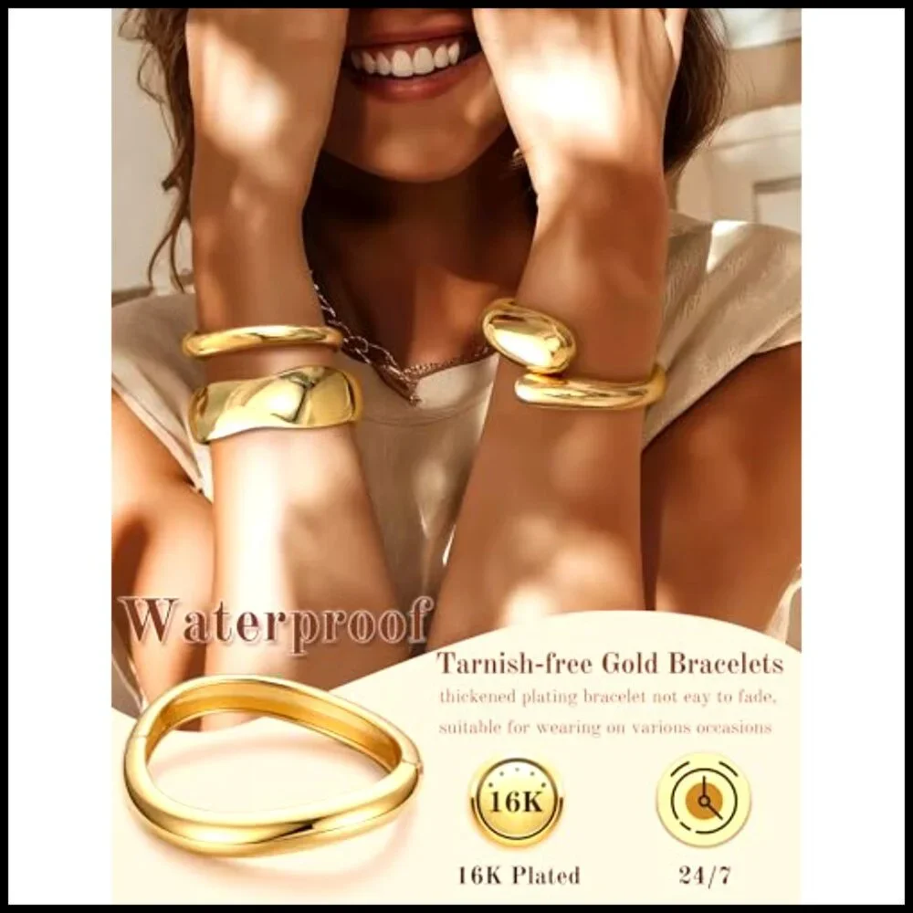 Chunky Gold Plated Hinged Bangle Bracelets Stack Minimalist Trendy Jewelry